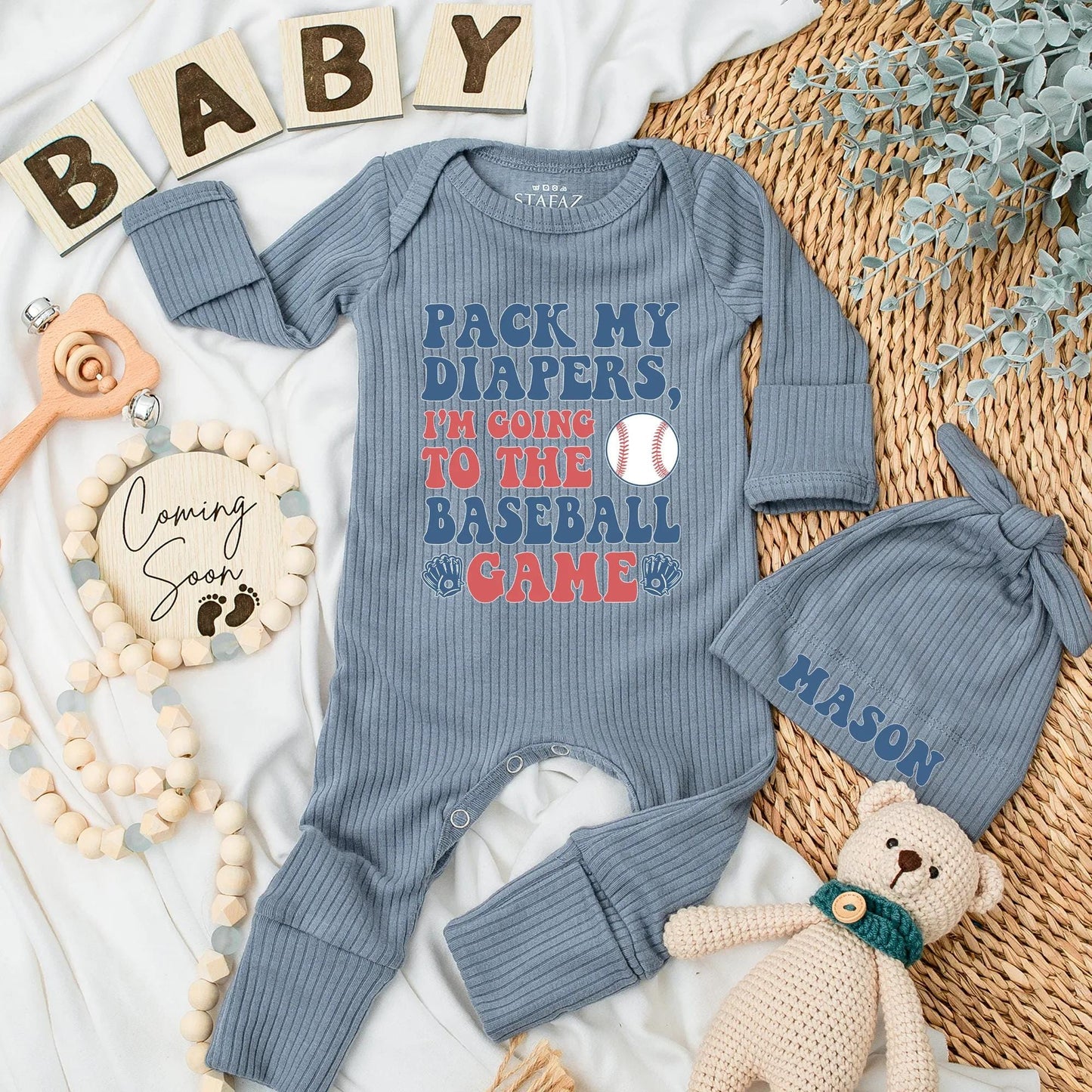 Pack My Diapers Baseball Bodysuit Baby Boy Outfit: Cute Baseball Game Day Clothes, Newborn Boy Gift, Personalized Coming Home Romper (Blue & Red)