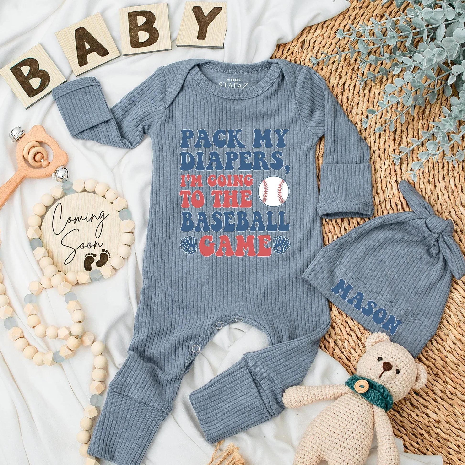 Pack My Diapers Baseball Bodysuit Baby Boy Outfit: Cute Baseball Game Day Clothes, Newborn Boy Gift, Personalized Coming Home Romper (Blue & Red)