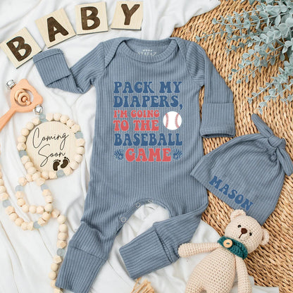 Pack My Diapers Baseball Bodysuit Baby Boy Outfit: Cute Baseball Game Day Clothes, Newborn Boy Gift, Personalized Coming Home Romper (Blue & Red)