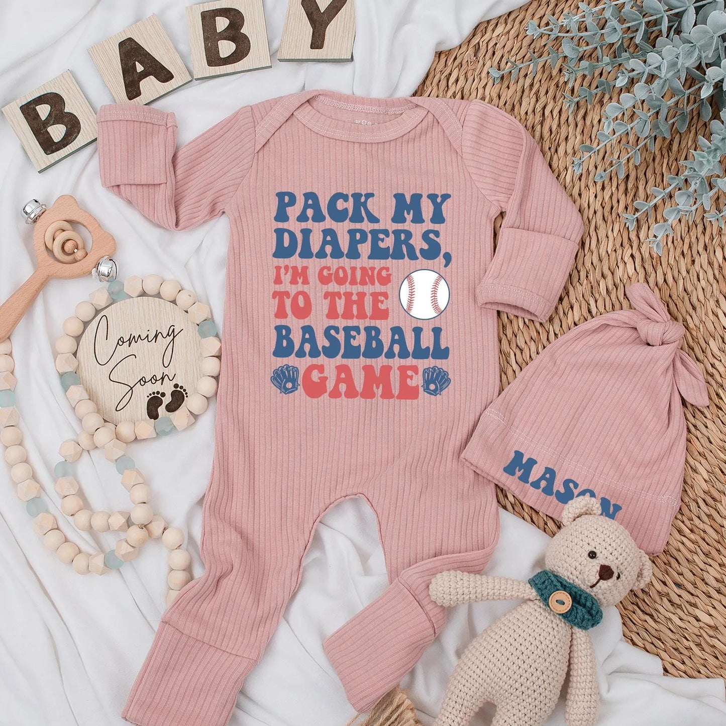 Pack My Diapers Baseball Bodysuit Baby Boy Outfit: Cute Baseball Game Day Clothes, Newborn Boy Gift, Personalized Coming Home Romper (Blue & Red)