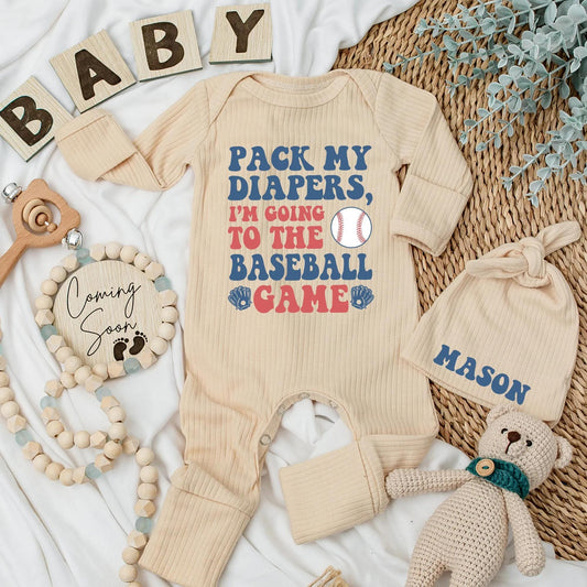 Pack My Diapers Baseball Bodysuit Baby Boy Outfit: Cute Baseball Game Day Clothes, Newborn Boy Gift, Personalized Coming Home Romper (Blue & Red)