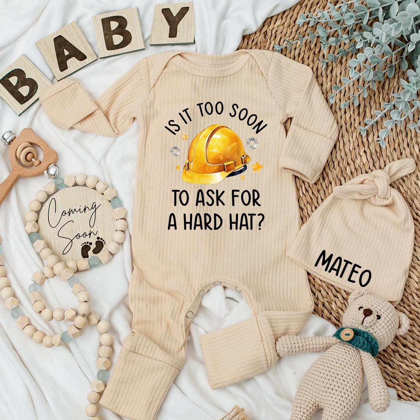 "IS IT TOO SOON TO ASK FOR A HARD HAT?" Funny Construction Baby Bodysuit Personalized Builder Newborn Outfit for Daddy's Boy Coming Home Shower Gift