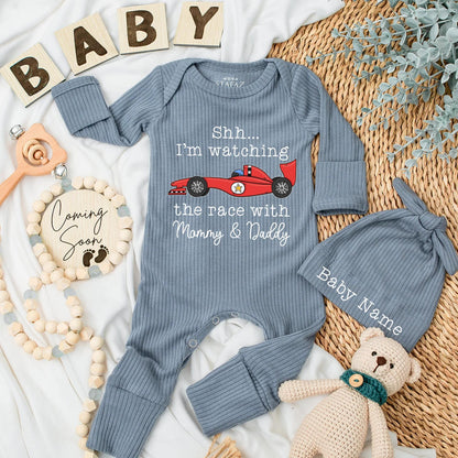 Shh! I'm Watching the Race with Mommy & Daddy Bodysuit - Cute Red Race Car Newborn Outfit, Funny Baby Romper Gift for Little Speedsters (137 chars)
