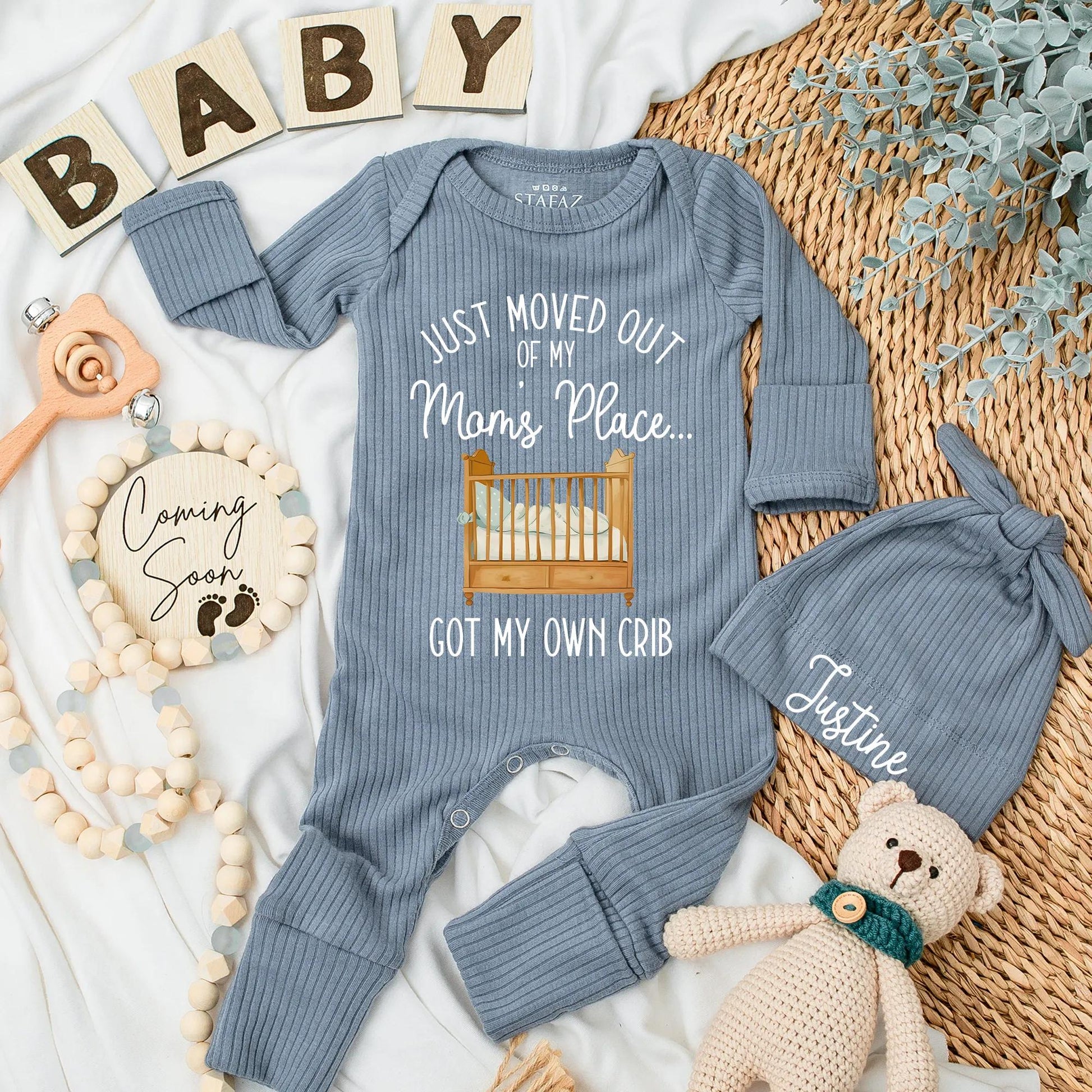 Just Moved Out of My Mom's Place Baby Bodysuit Funny Crib Romper Gift Idea Newborn Coming Home Outfit Playful Design