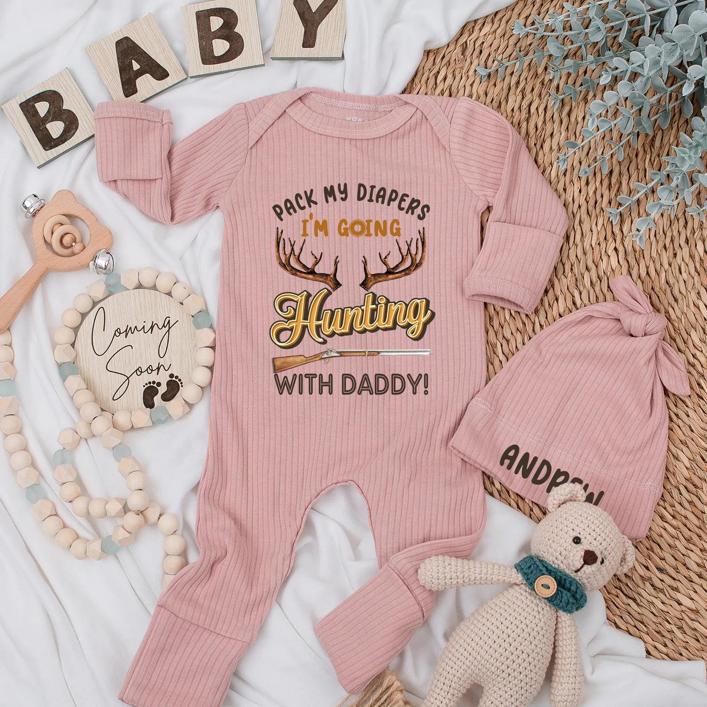 Pack My Diapers I'm Going Hunting With Daddy Bodysuit Funny Baby Boy Outfit with Antlers Rifle Golden Text Newborn Gift for Hunter Dad