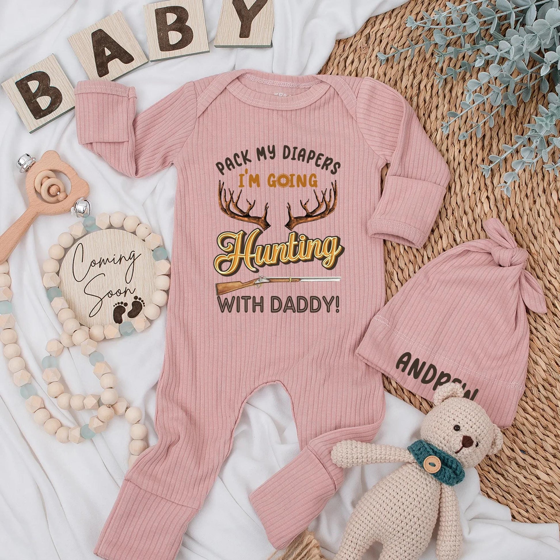Pack My Diapers I'm Going Hunting With Daddy Bodysuit Funny Baby Boy Outfit with Antlers Rifle Golden Text Newborn Gift for Hunter Dad