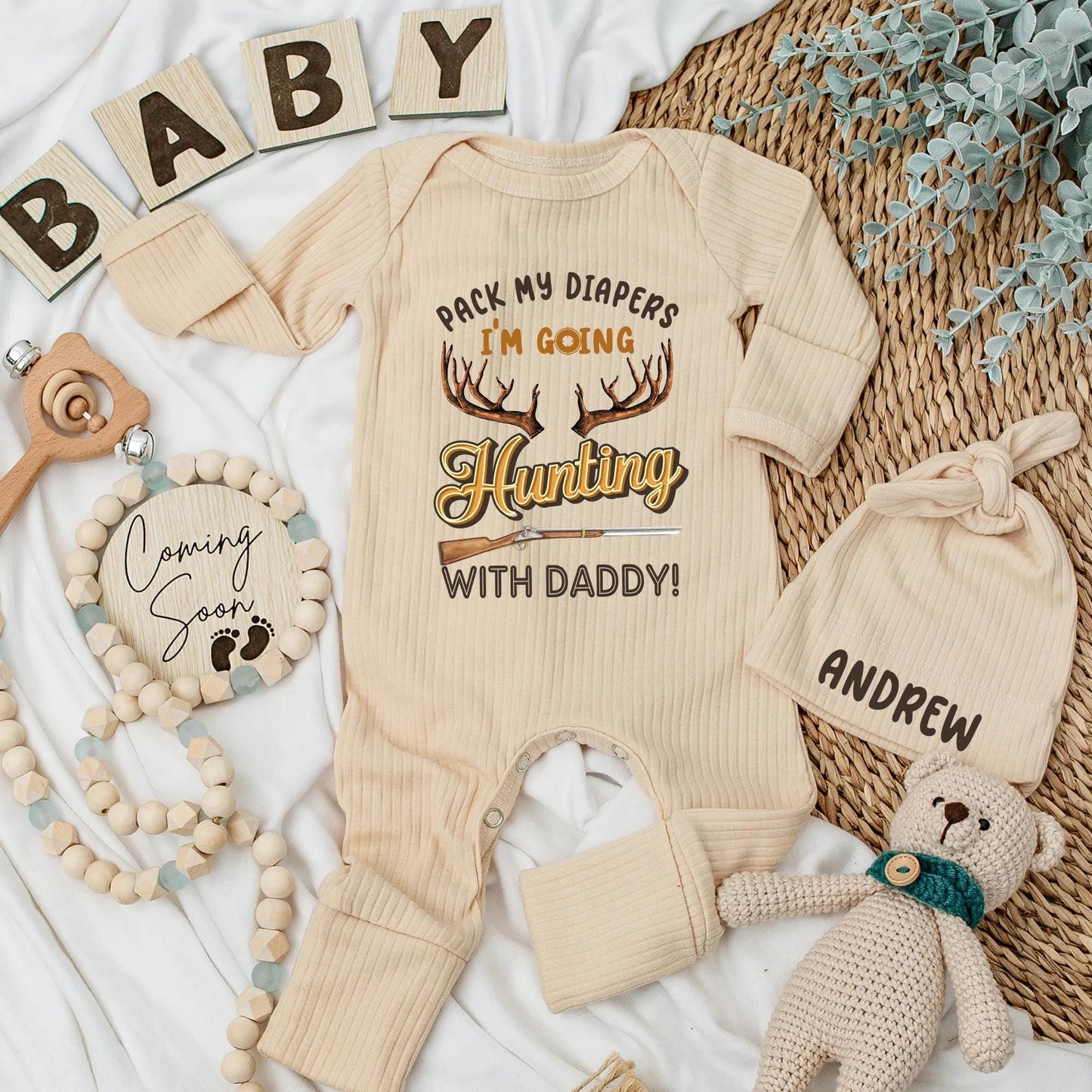 Pack My Diapers I'm Going Hunting With Daddy Bodysuit Funny Baby Boy Outfit with Antlers Rifle Golden Text Newborn Gift for Hunter Dad
