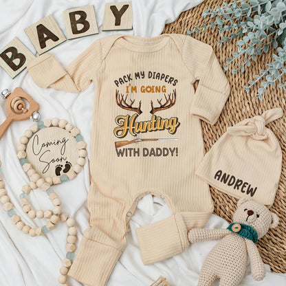 Pack My Diapers I'm Going Hunting With Daddy Bodysuit Funny Baby Boy Outfit with Antlers Rifle Golden Text Newborn Gift for Hunter Dad