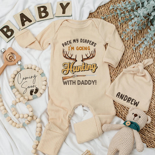 Pack My Diapers I'm Going Hunting With Daddy Bodysuit Funny Baby Boy Outfit with Antlers Rifle Golden Text Newborn Gift for Hunter Dad
