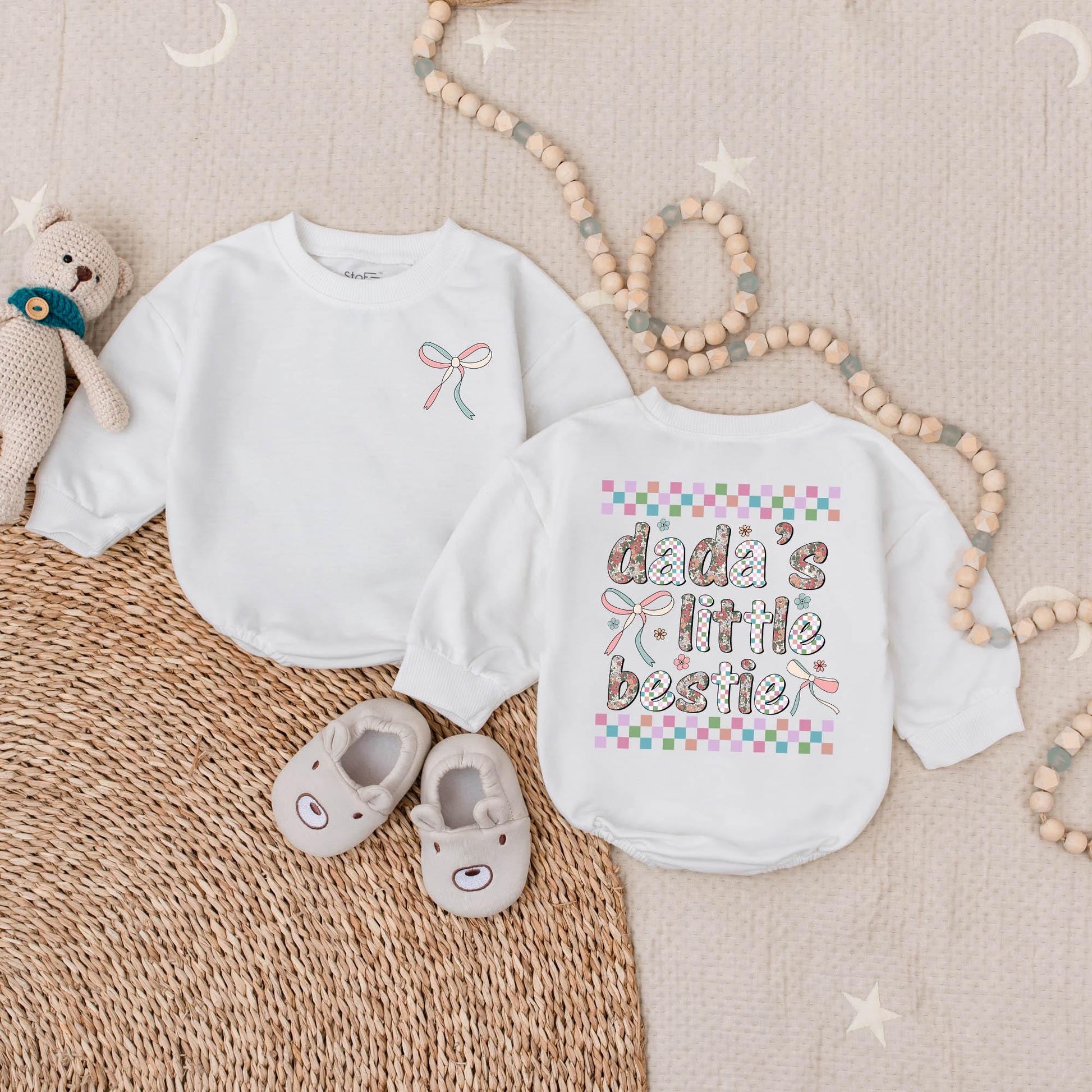 Dada's Little Bestie Bubble Romper Baby Girl Outfit, Pastel Checkerboard Floral Print Pink Blue Ribbon Accents Father's Day Gift Infant Clothes