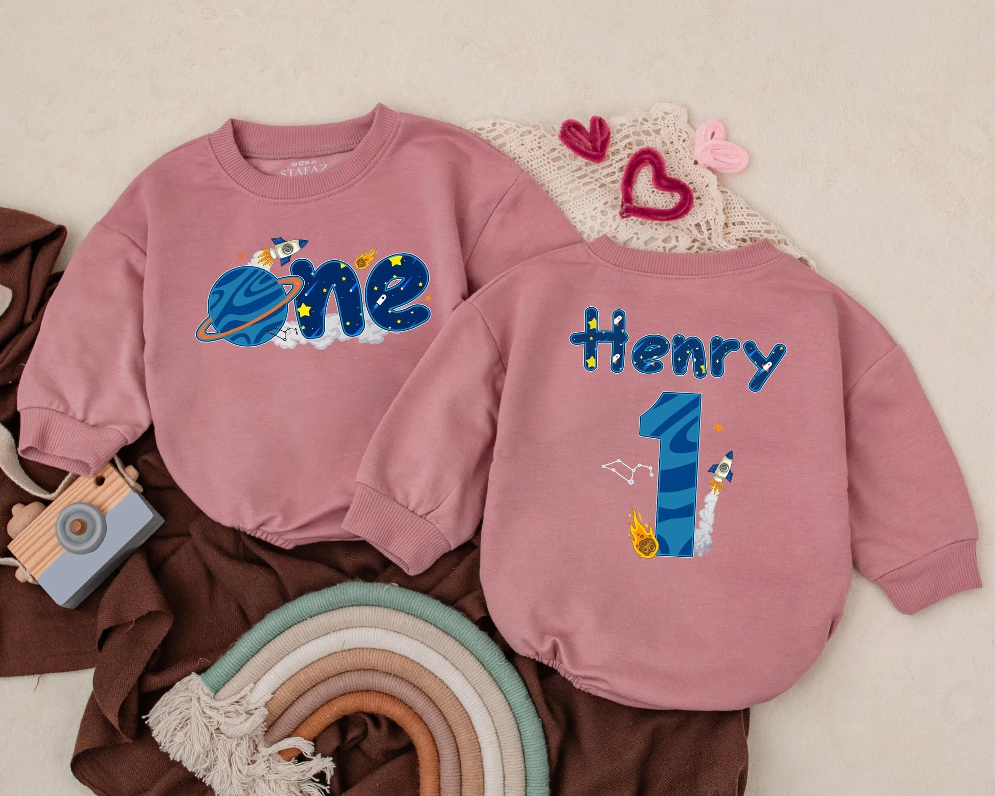 Outer Space First Birthday Bubble Romper Personalized Rocket Planet Baby Boy Outfit for Space Party Two Sided 1st Birthday Gift