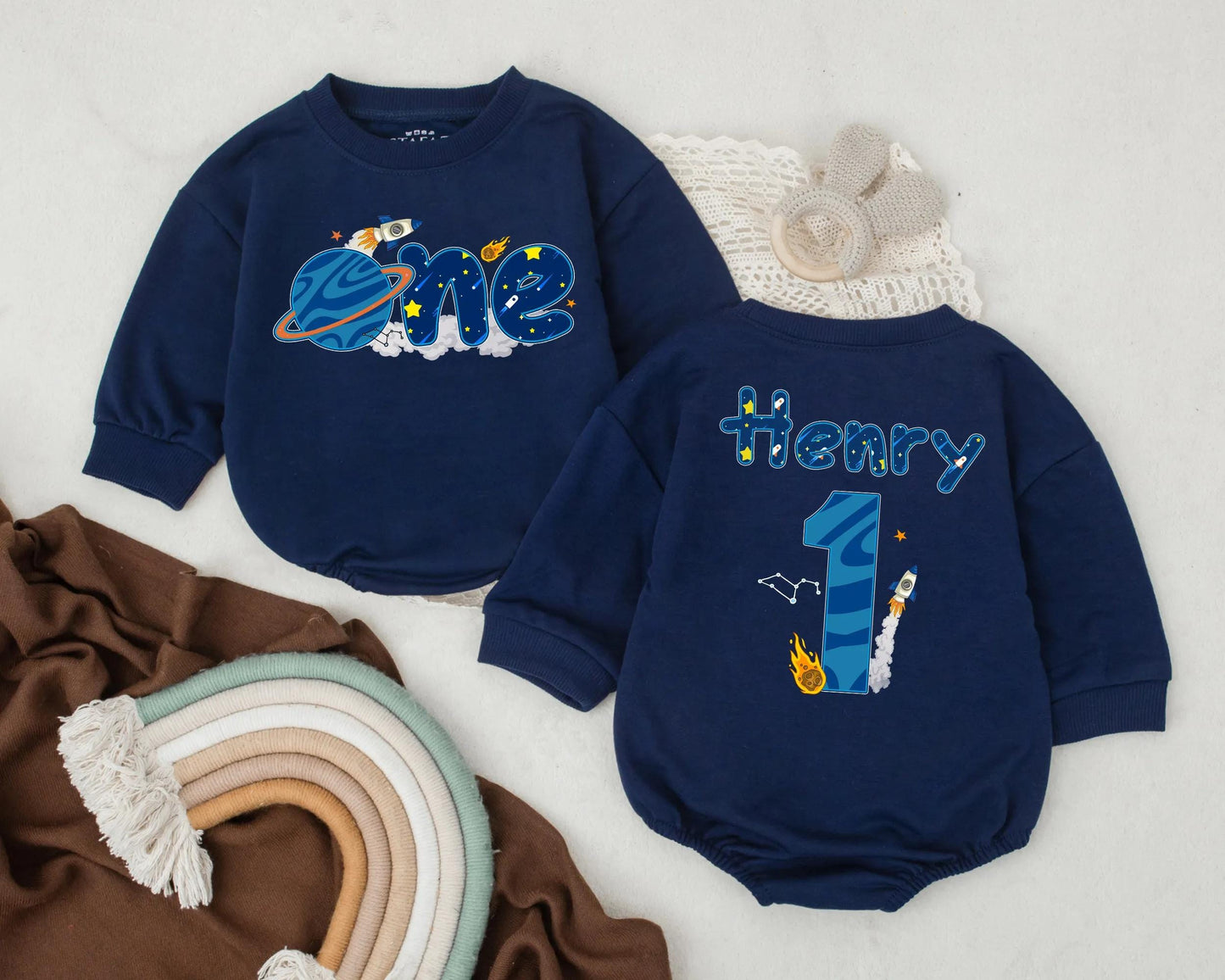 Outer Space First Birthday Bubble Romper Personalized Rocket Planet Baby Boy Outfit for Space Party Two Sided 1st Birthday Gift