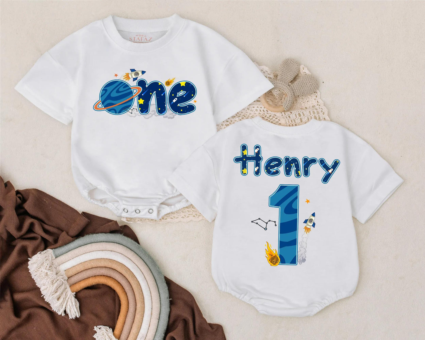 Outer Space First Birthday Bubble Romper Personalized Rocket Planet Baby Boy Outfit for Space Party Two Sided 1st Birthday Gift