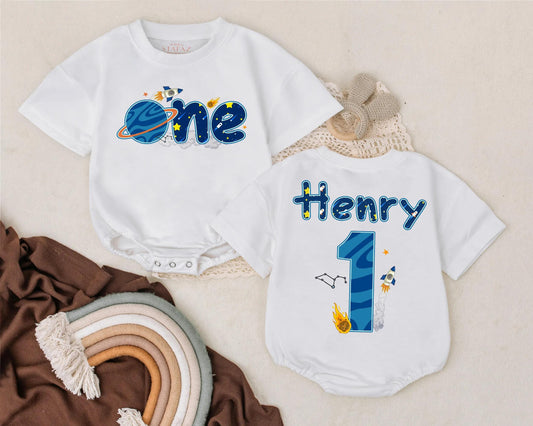 Outer Space First Birthday Bubble Romper Personalized Rocket Planet Baby Boy Outfit for Space Party Two Sided 1st Birthday Gift