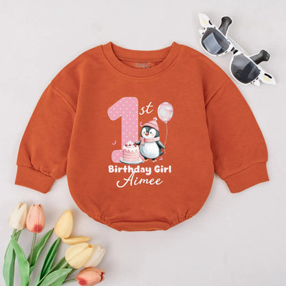 Personalized Penguin Baby Girl Romper First Birthday Outfit Cute Cotton Baby Apparel Adorable Penguin 1st Birthday Gift Idea