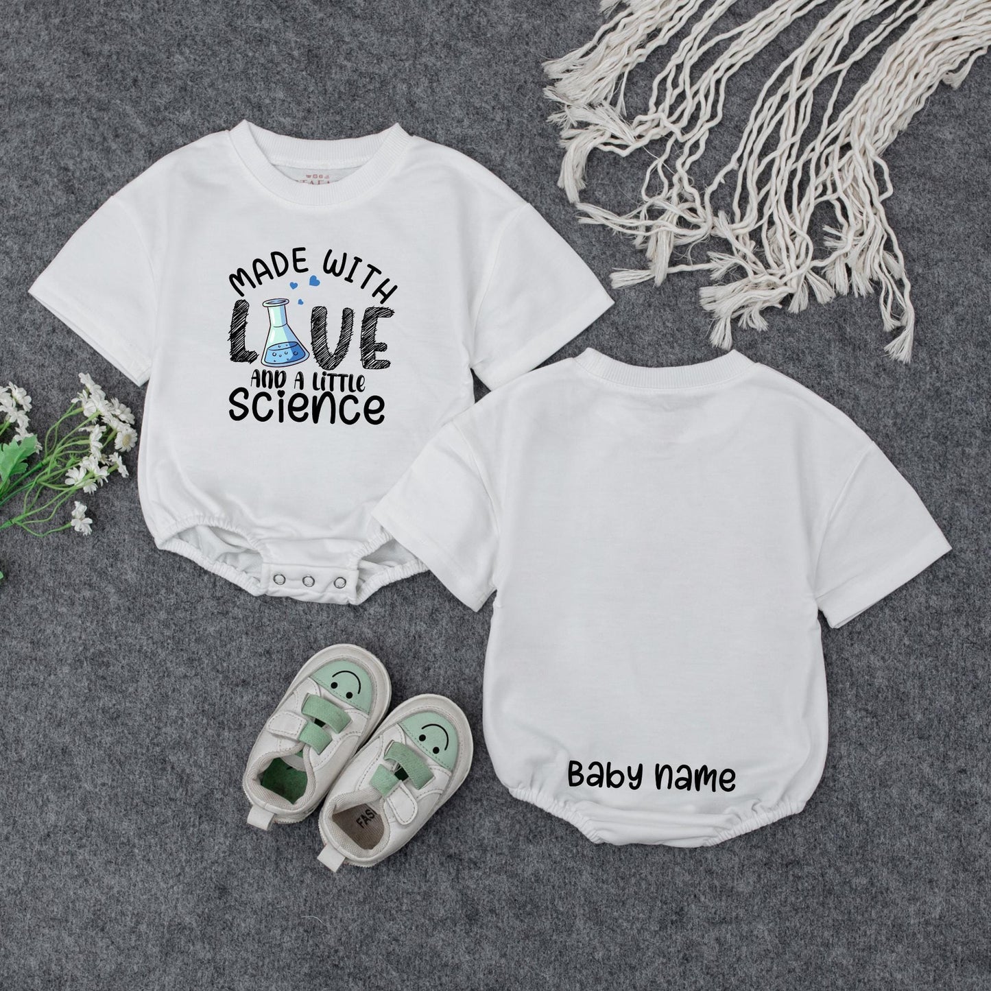 Personalized Made With Love & Science Baby Romper, Teal Hearts Cute IVF Outfit, Infertility Baby Announcement, Custom Name on Back, Baby Girl Clothes