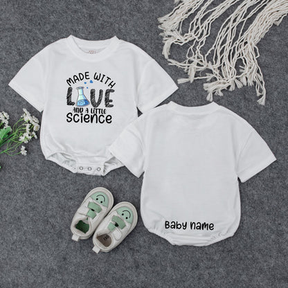 Personalized Made With Love & Science Baby Romper, Teal Hearts Cute IVF Outfit, Infertility Baby Announcement, Custom Name on Back, Baby Girl Clothes