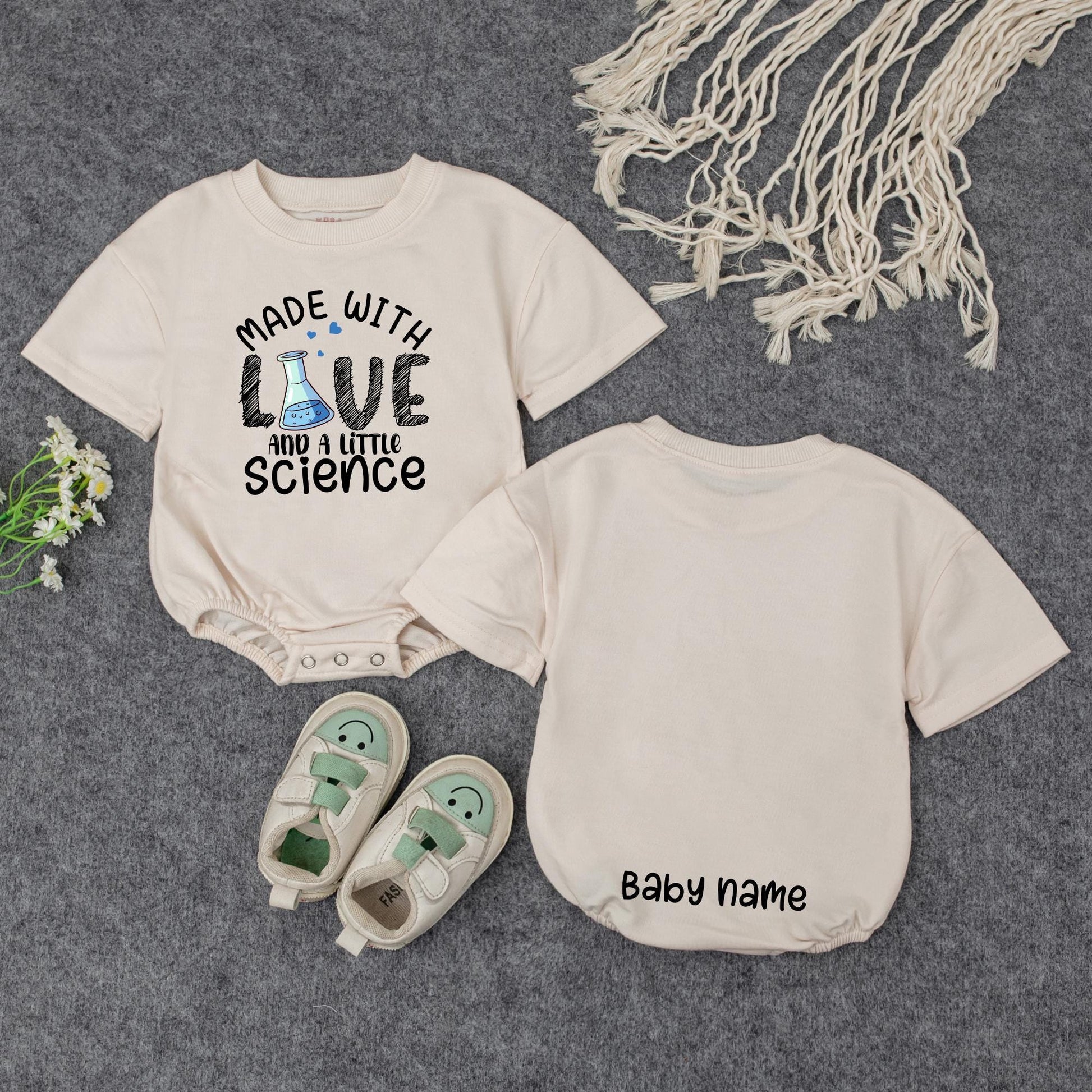 Personalized Made With Love & Science Baby Romper, Teal Hearts Cute IVF Outfit, Infertility Baby Announcement, Custom Name on Back, Baby Girl Clothes