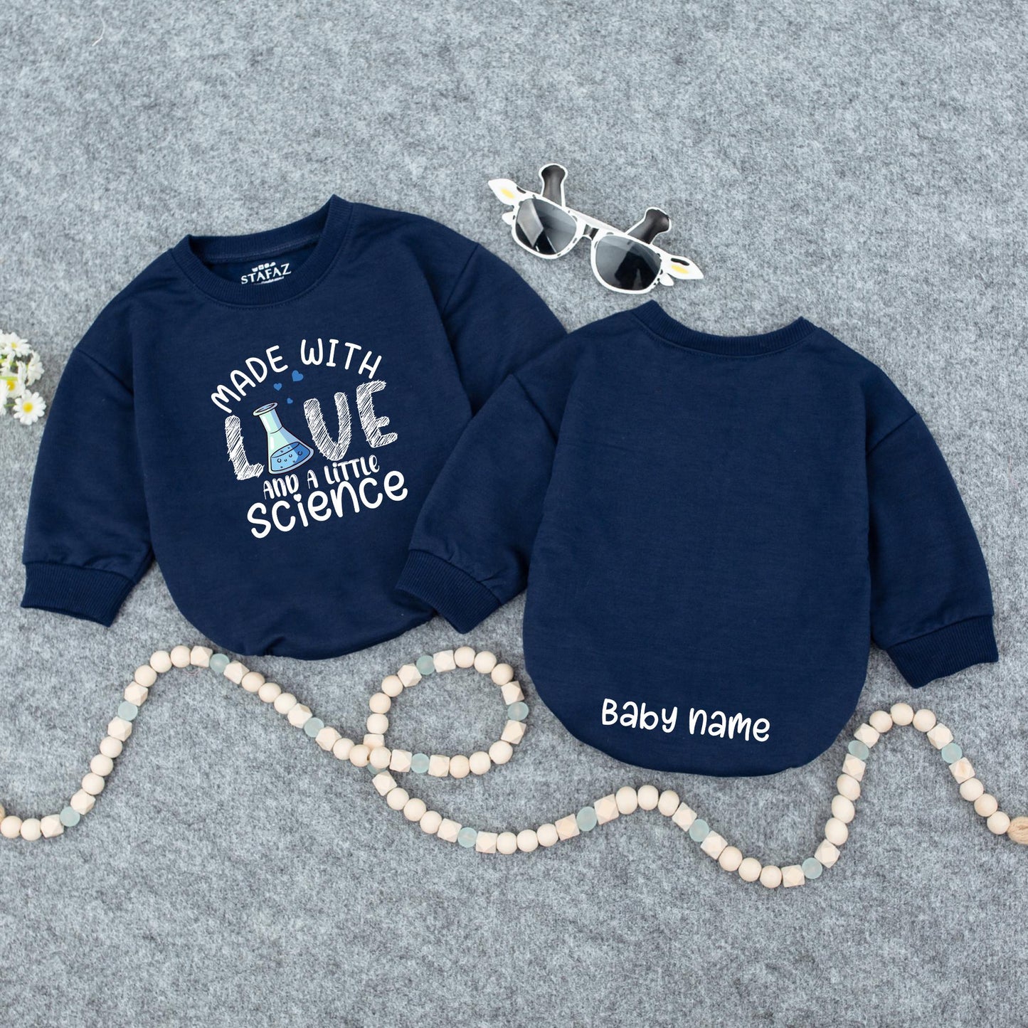 Personalized Made With Love & Science Baby Romper, Teal Hearts Cute IVF Outfit, Infertility Baby Announcement, Custom Name on Back, Baby Girl Clothes