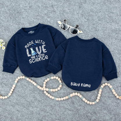 Personalized Made With Love & Science Baby Romper, Teal Hearts Cute IVF Outfit, Infertility Baby Announcement, Custom Name on Back, Baby Girl Clothes