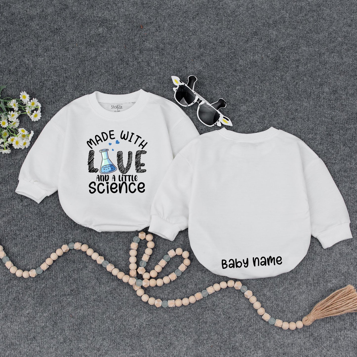 Personalized Made With Love & Science Baby Romper, Teal Hearts Cute IVF Outfit, Infertility Baby Announcement, Custom Name on Back, Baby Girl Clothes