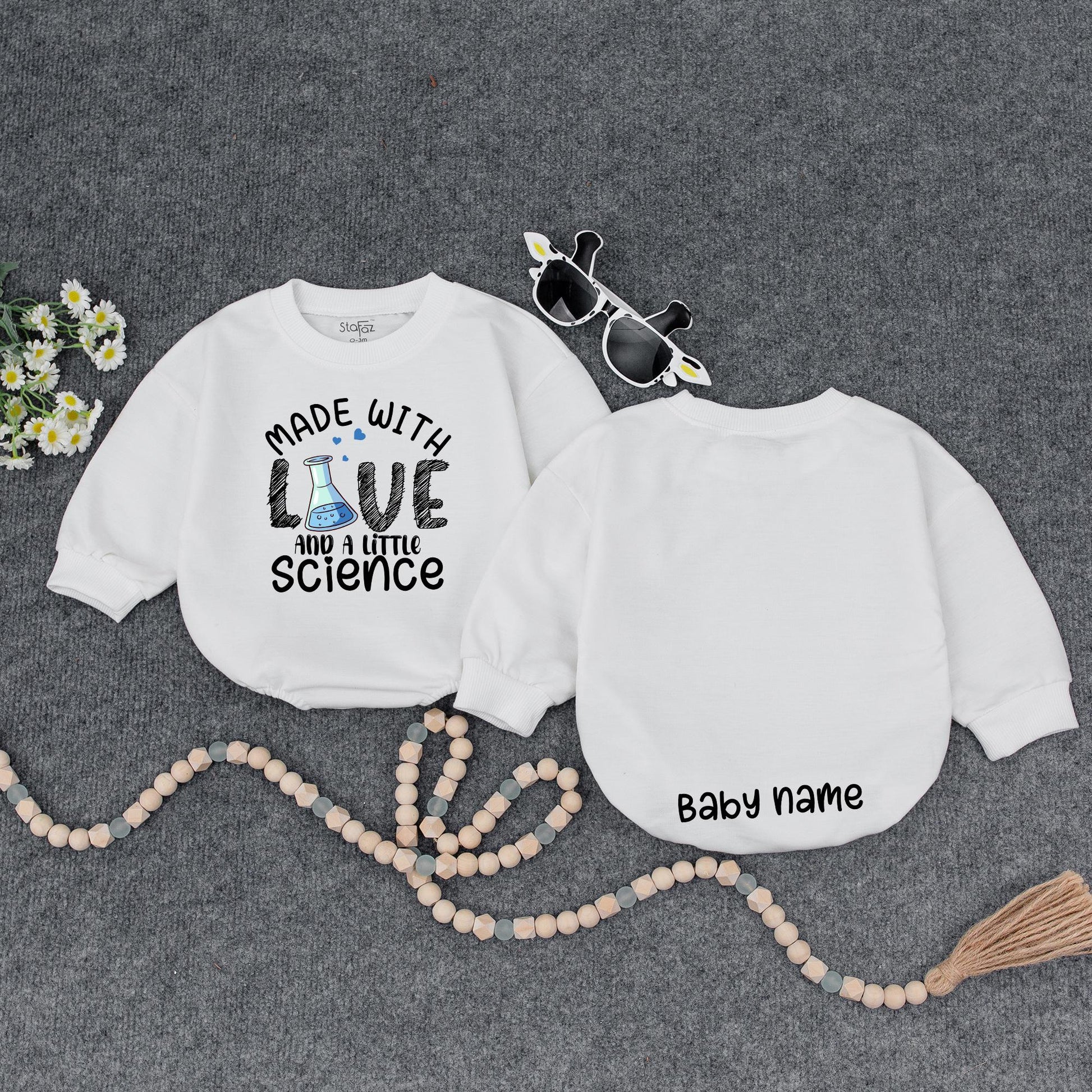 Personalized Made With Love & Science Baby Romper, Teal Hearts Cute IVF Outfit, Infertility Baby Announcement, Custom Name on Back, Baby Girl Clothes