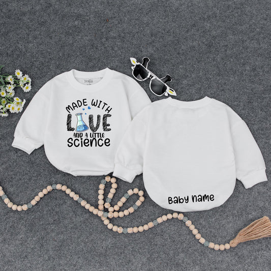 Personalized Made With Love & Science Baby Romper, Teal Hearts Cute IVF Outfit, Infertility Baby Announcement, Custom Name on Back, Baby Girl Clothes