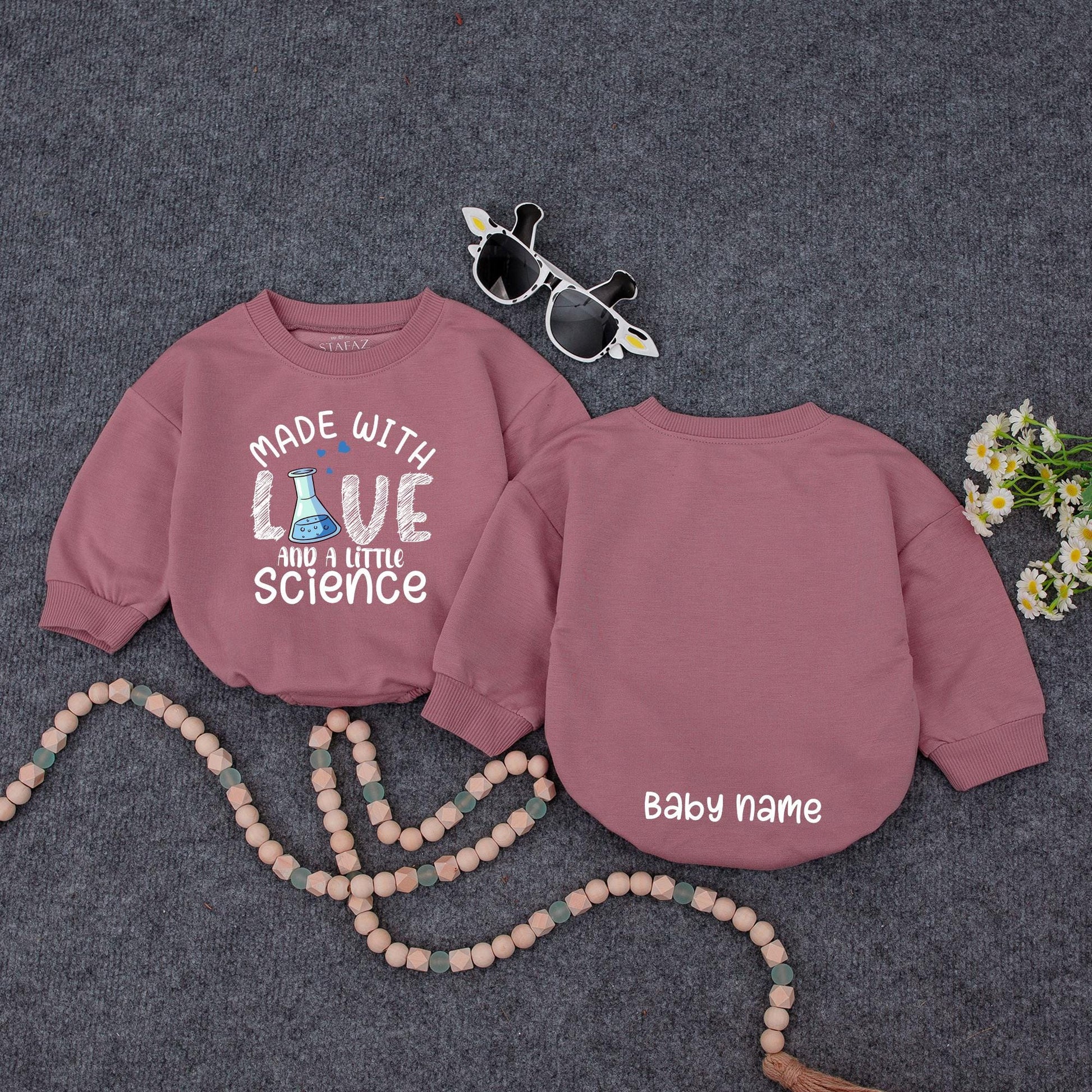 Personalized Made With Love & Science Baby Romper, Teal Hearts Cute IVF Outfit, Infertility Baby Announcement, Custom Name on Back, Baby Girl Clothes