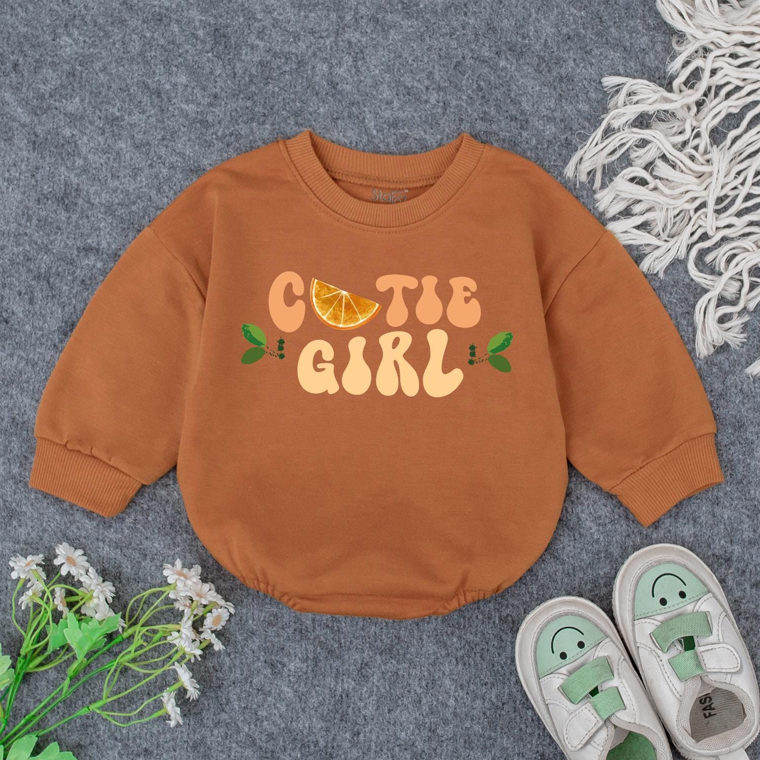 Cute Cutie Girl Baby Romper Orange Yellow Fruit Slice Retro Natural Design Toddler Outfit Gift for Newborn Daughter