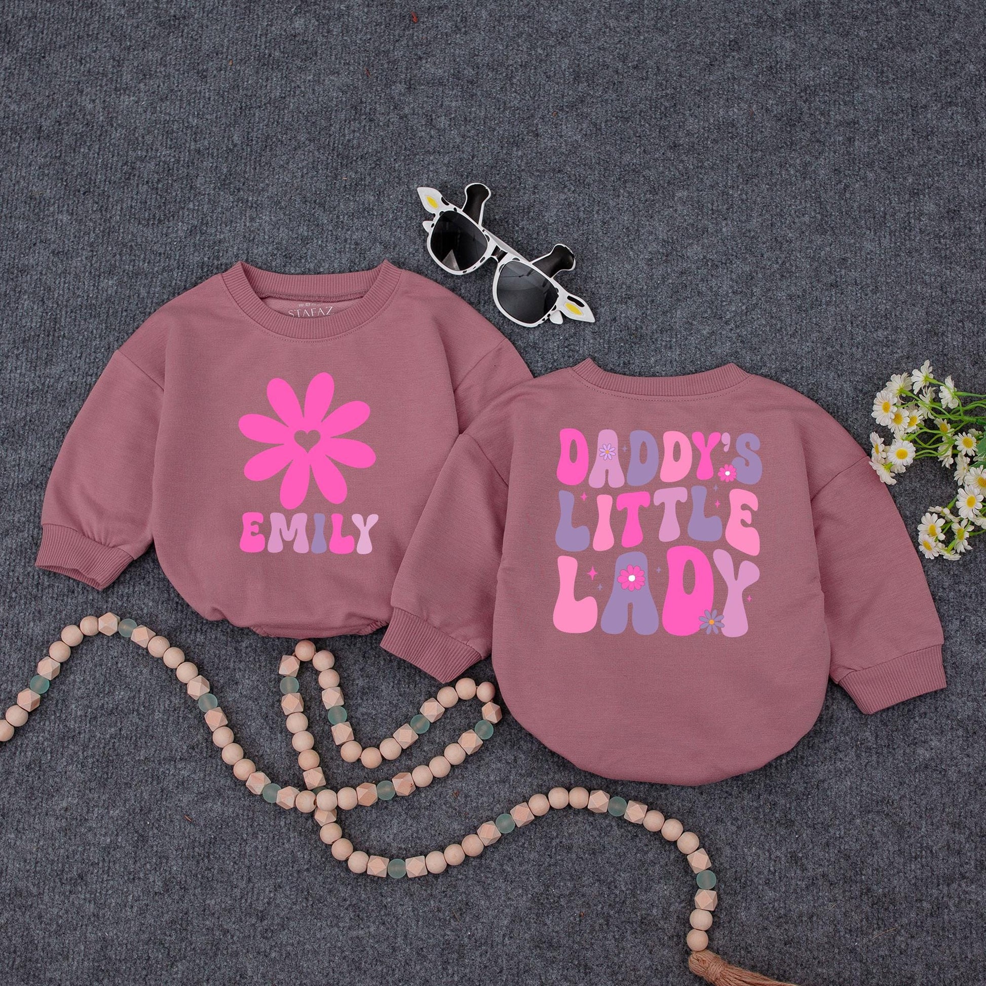 Custom Daddy's Little Lady Groovy Pink Purple Flower Baby Romper Toddler Tee Cute Fathers Day Daddy Daughter Outfit Infant Girl Gift