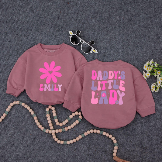 Custom Daddy's Little Lady Groovy Pink Purple Flower Baby Romper Toddler Tee Cute Fathers Day Daddy Daughter Outfit Infant Girl Gift