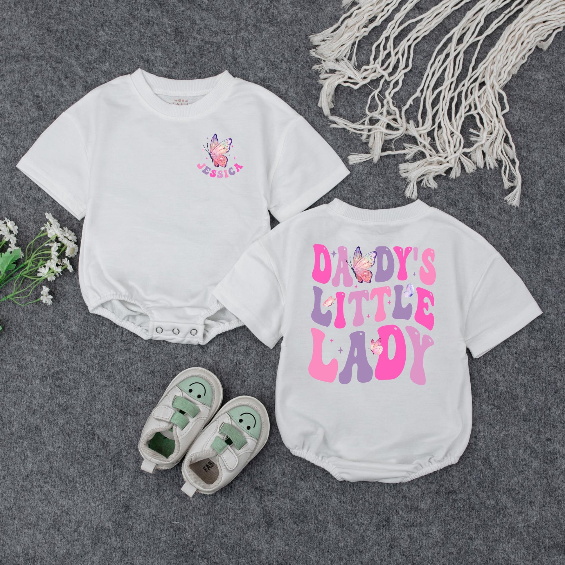 Personalized Daddy's Little Lady Romper Butterfly & Star Design Pink Purple Baby Girl Gift for Father's Day Shower