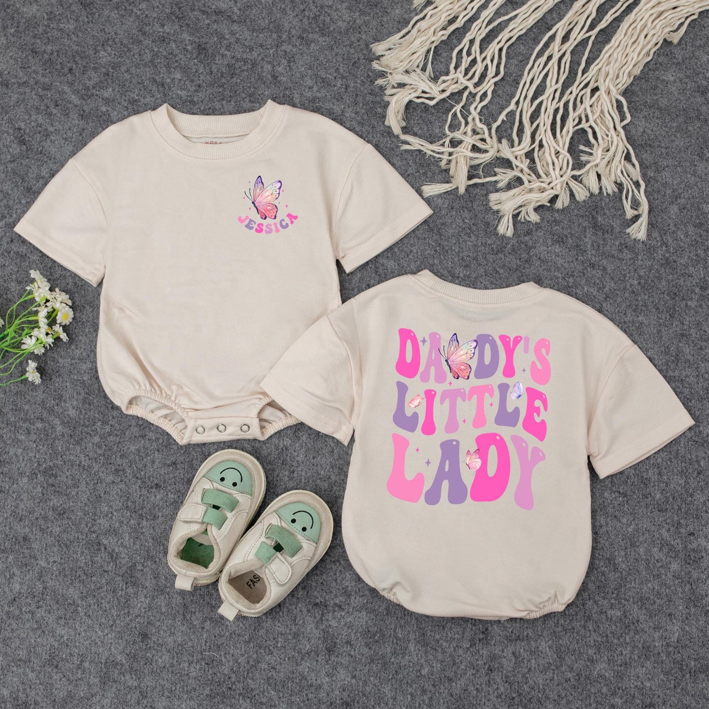 Personalized Daddy's Little Lady Romper Butterfly & Star Design Pink Purple Baby Girl Gift for Father's Day Shower