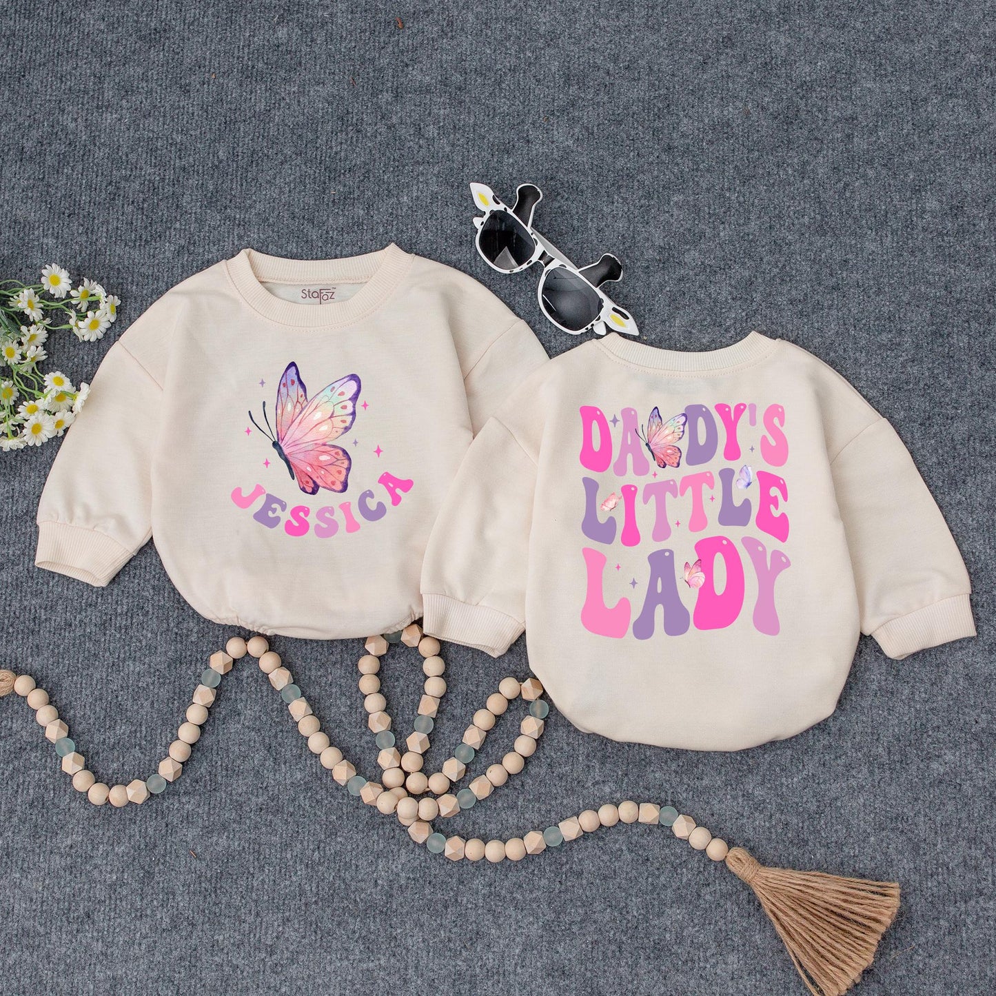 Daddy's Little Lady Baby Bubble Romper Cute Girly Personalized Name Outfit with Pink Purple Stars Father's Day Gift