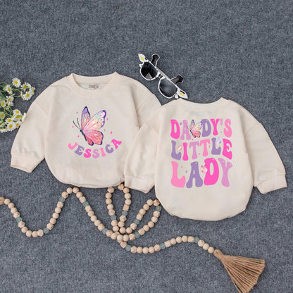 Daddy's Little Lady Baby Bubble Romper Cute Girly Personalized Name Outfit with Pink Purple Stars Father's Day Gift