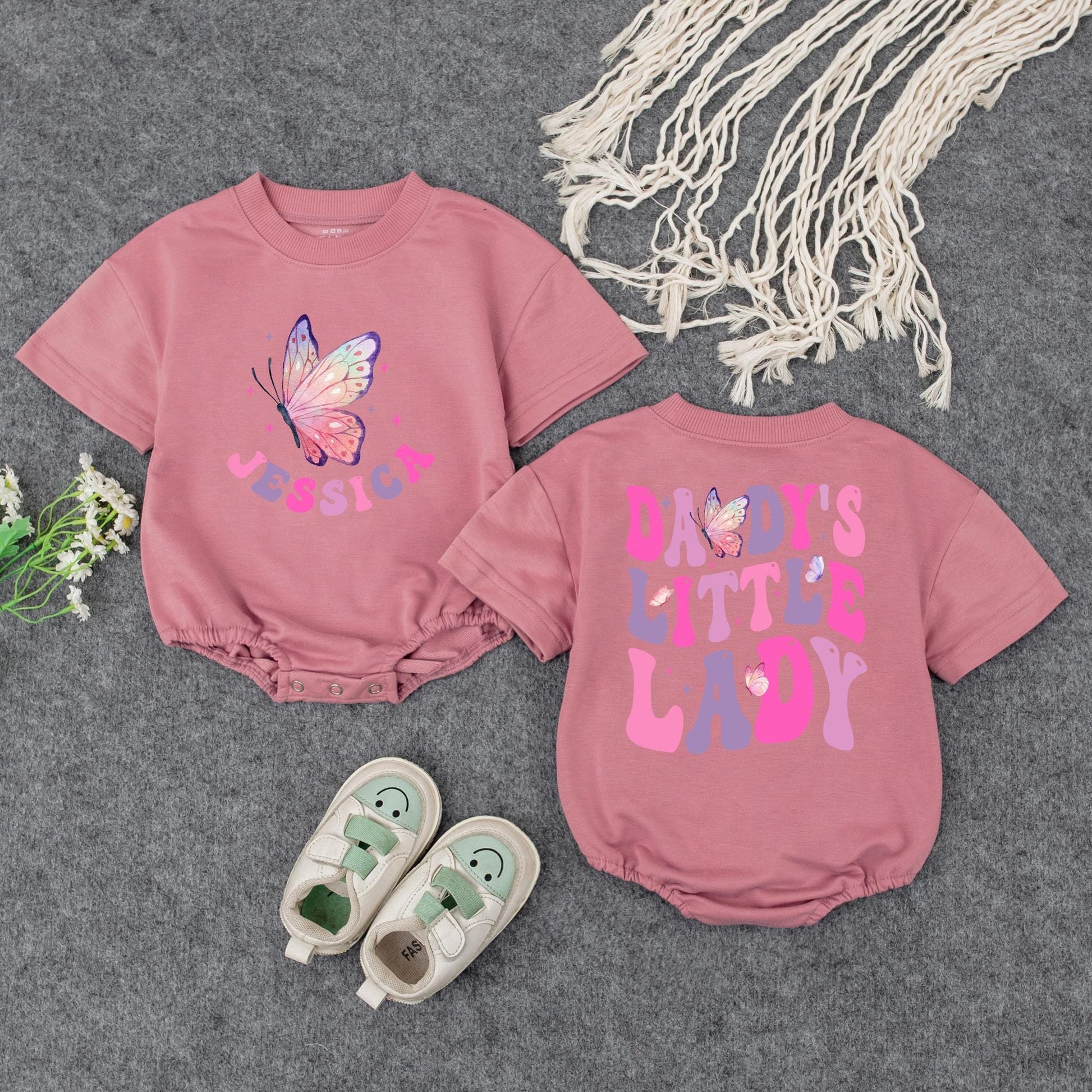 Daddy's Little Lady Baby Bubble Romper Cute Girly Personalized Name Outfit with Pink Purple Stars Father's Day Gift