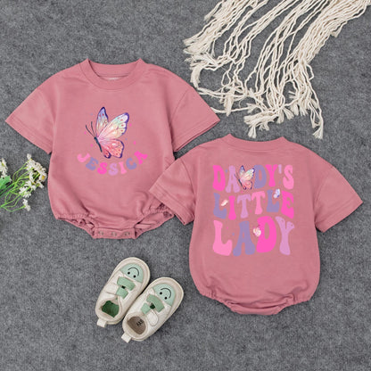 Daddy's Little Lady Baby Bubble Romper Cute Girly Personalized Name Outfit with Pink Purple Stars Father's Day Gift