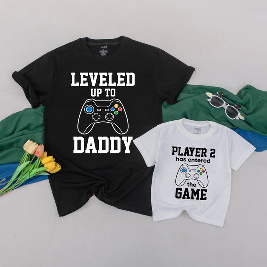 Leveled Up to Daddy T-Shirt Matching Father Son Tee Gamer Dad Gift for Husband Funny First Father's Day