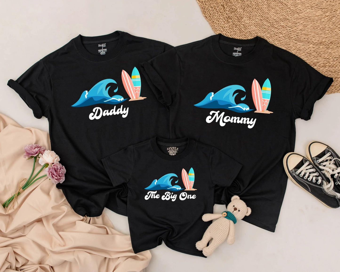 Personalized Matching Family Surf Shirts featuring Ocean Wave & Colorful Surfboards Summer Beach Vacation Birthday Outfit The Big One Theme Gift