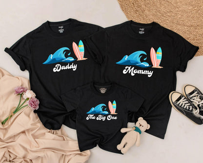 Personalized Matching Family Surf Shirts featuring Ocean Wave & Colorful Surfboards Summer Beach Vacation Birthday Outfit The Big One Theme Gift