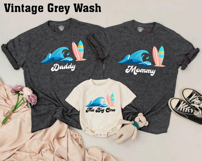 Personalized Matching Family Surf Shirts featuring Ocean Wave & Colorful Surfboards Summer Beach Vacation Birthday Outfit The Big One Theme Gift