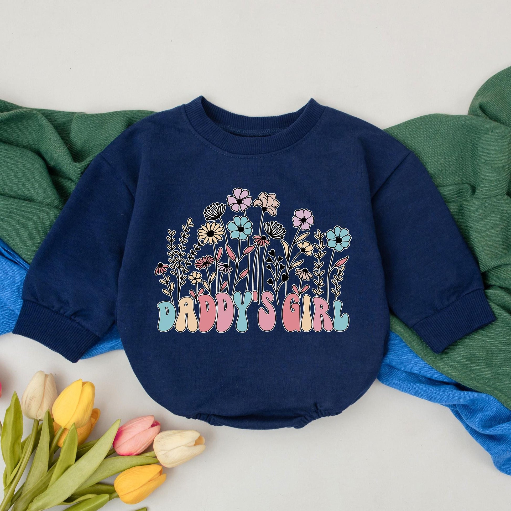 Daddy's Girl Floral Bubble Romper Baby Girl Father's Day Gift Newborn Outfit Pastel Colors Whimsical Retro Design Daddy & Me