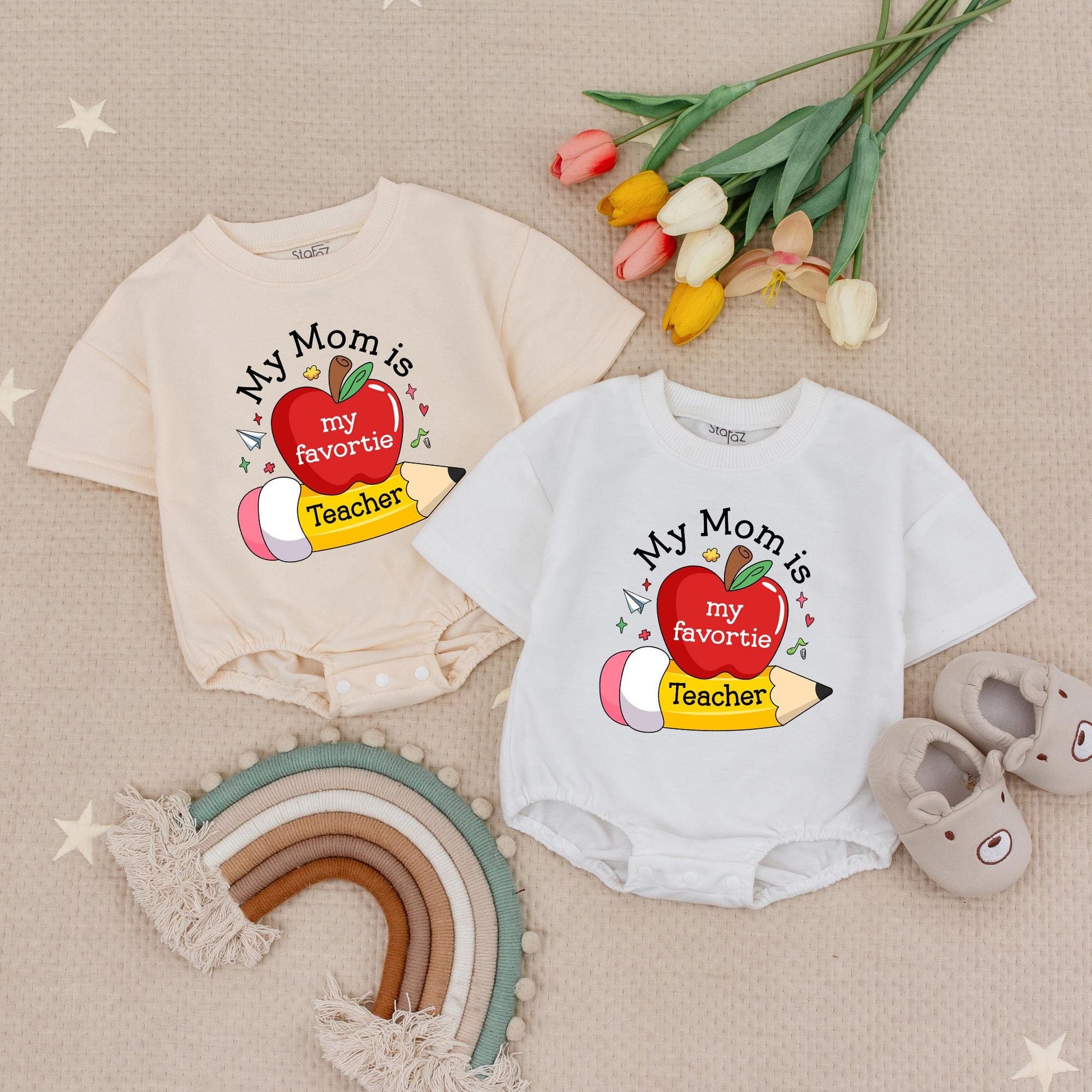 My Mom is My Favorite Teacher Baby Romper Cute First Day Outfit for Daycare Little Scholar Bodysuit Gift for Teacher Mom School Celebration 138char
