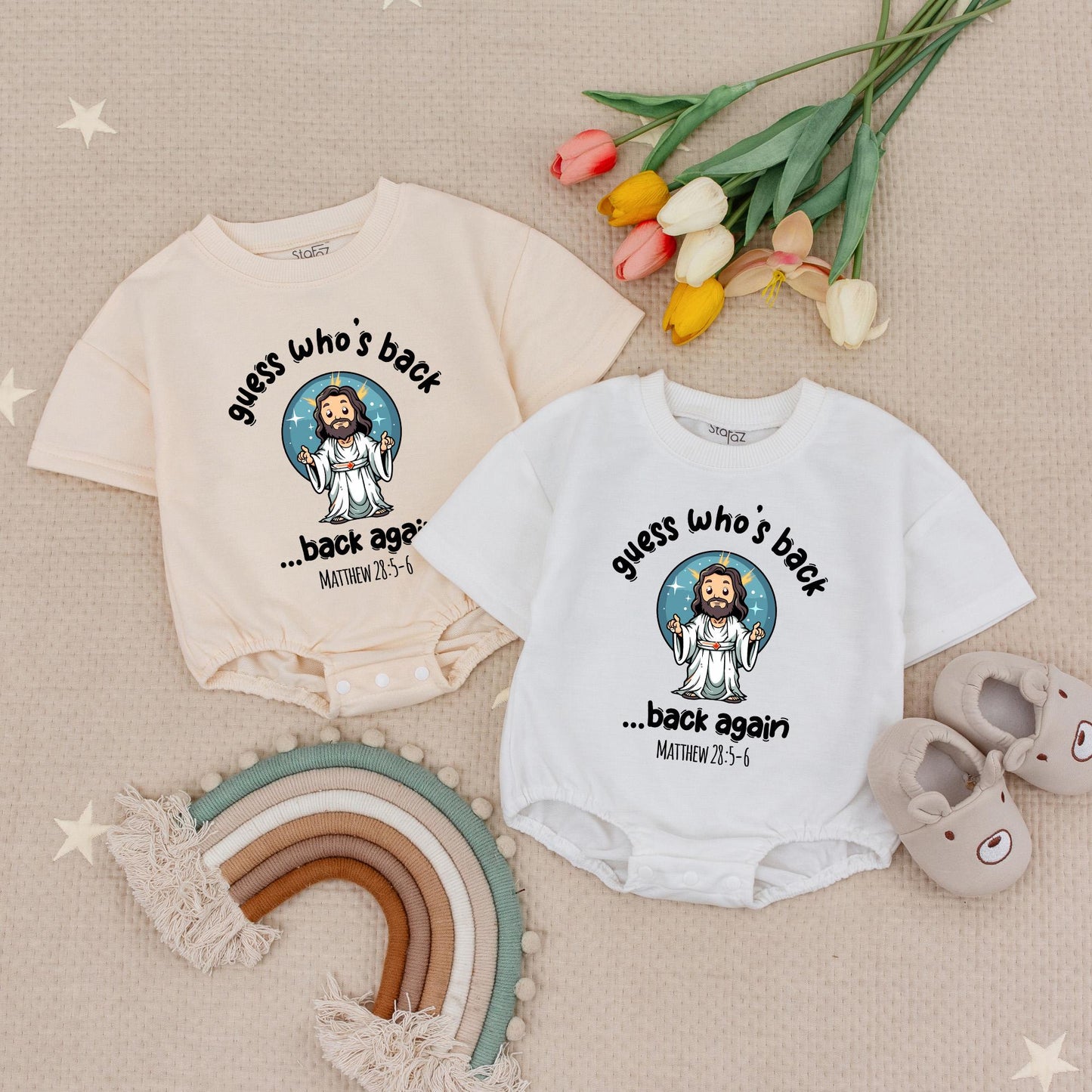 He's Back! Funny Jesus Baby Romper, Cartoon Christian Bodysuit with Matthew 28:5-6 Verse, Religious Newborn Outfit, Easter Gift, Soft Cotton 138