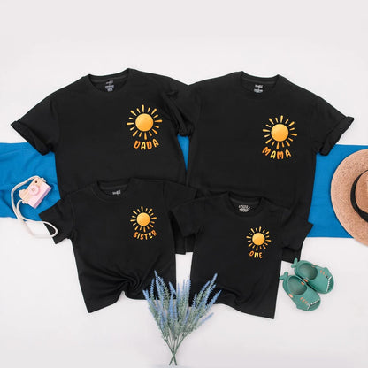 Personalized Sunshine Family Matching Birthday Shirts for Baby's First 1st Birthday Party Boho Sun Design Comfortable Cotton Outfits