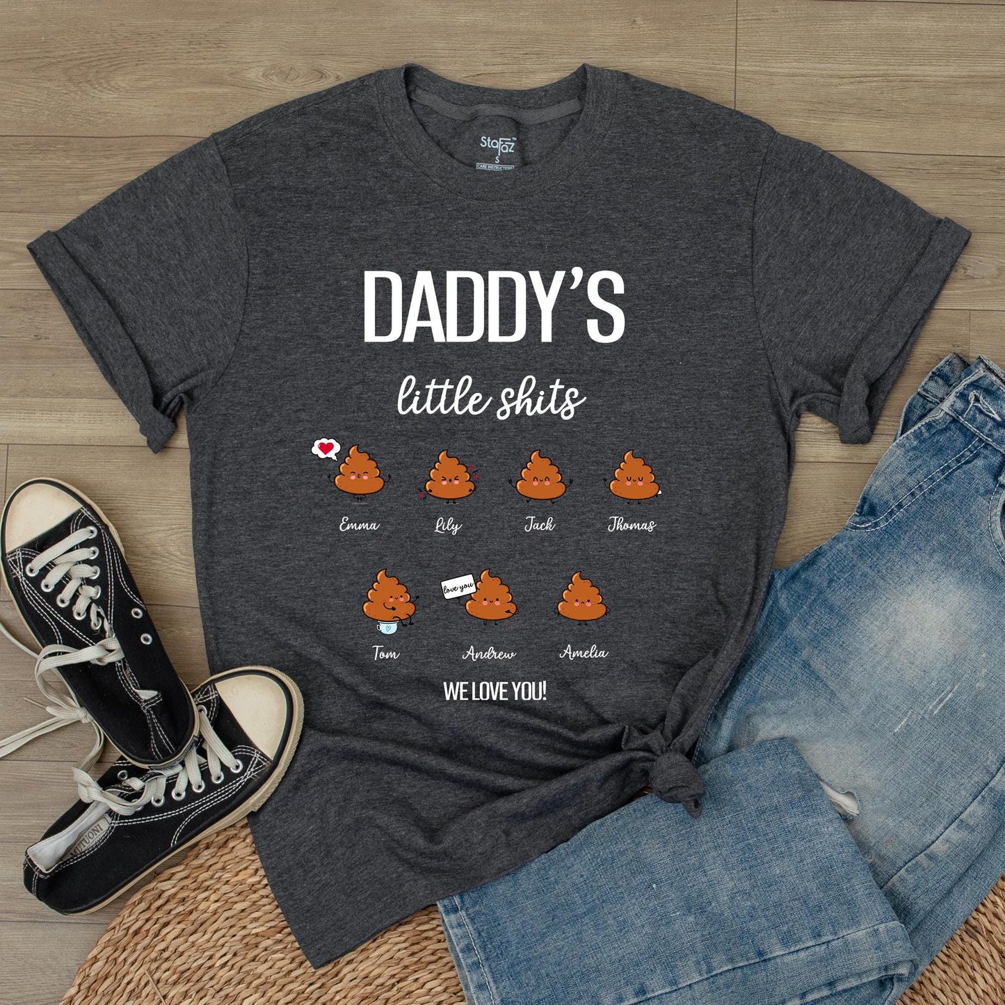 Grandpa's Little Shits Custom T-Shirt | Personalized Dad & Kid Names Gift for Grandpa | Baby Announcement New Grandfather Gift (139 chars)