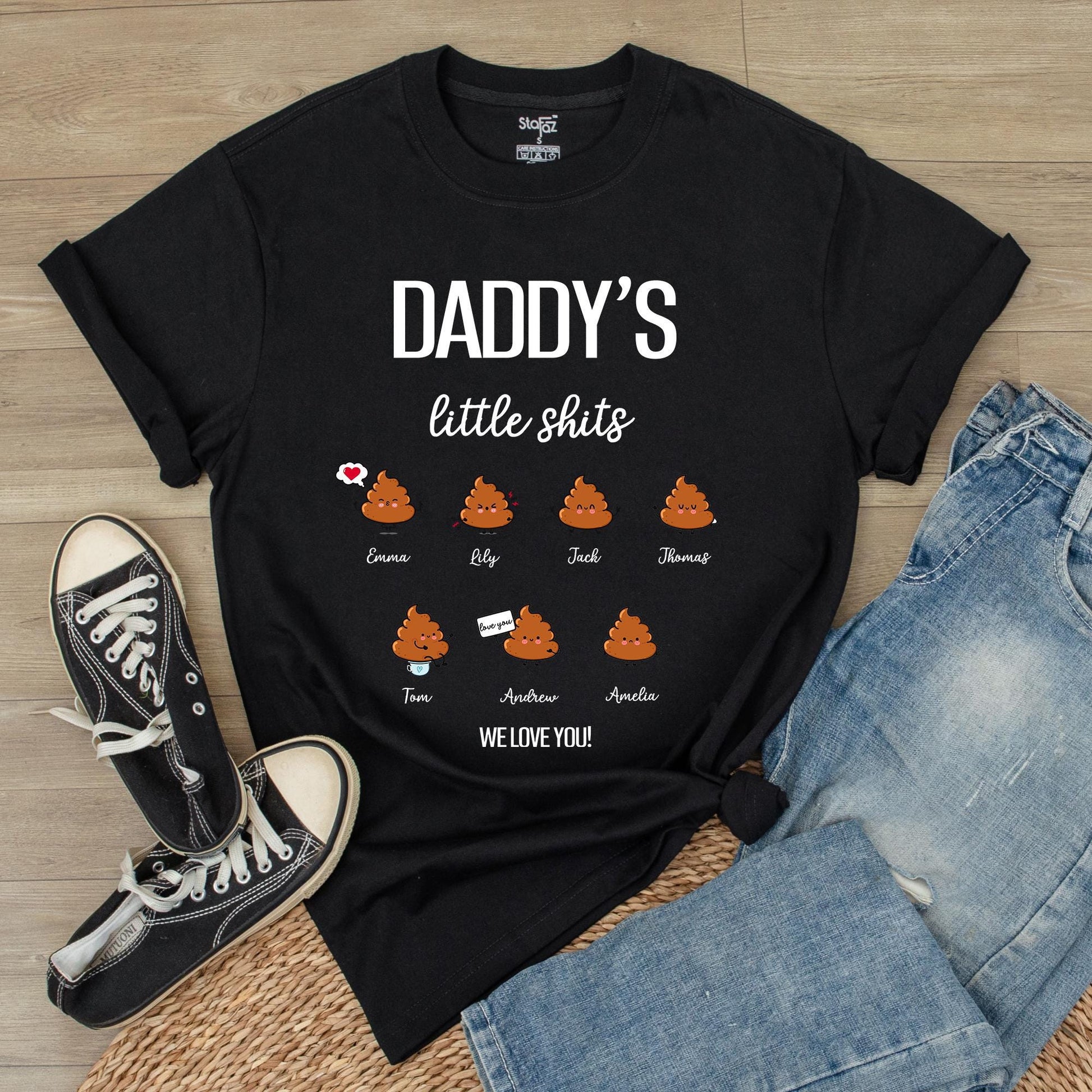 Grandpa's Little Shits Custom T-Shirt | Personalized Dad & Kid Names Gift for Grandpa | Baby Announcement New Grandfather Gift (139 chars)