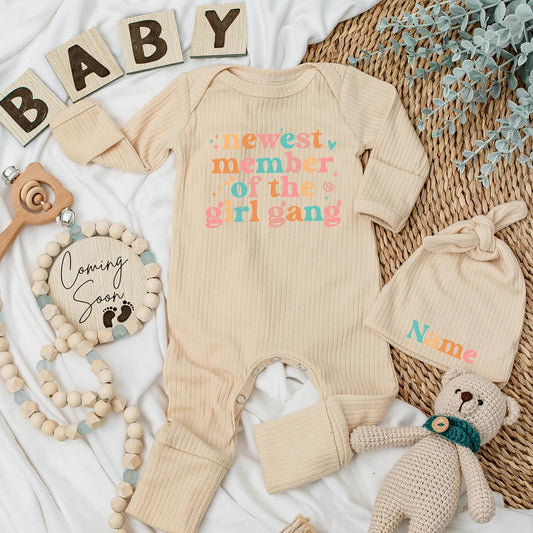 Personalized Newest Member of the Girl Gang Baby Bodysuit and Hat Set for Newborn Girl Perfect Coming Home Outfit Baby Shower Gift or Unique Infant Clothing