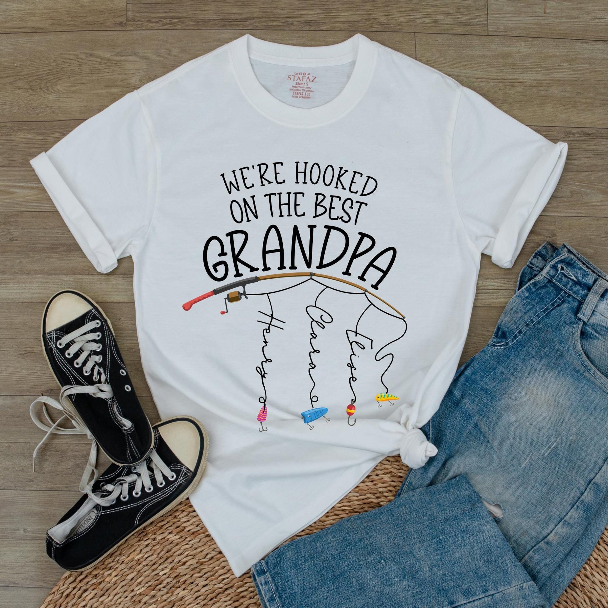 Personalized Grandpa Fishing Shirt, Hooked on Grandpa Gift from Grandkids, Fathers Day Fishing Tee for Dad, Custom Name