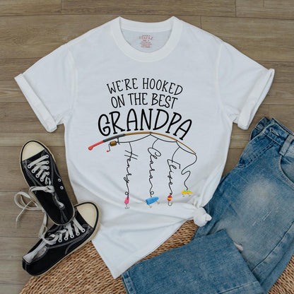 Personalized Grandpa Fishing Shirt, Hooked on Grandpa Gift from Grandkids, Fathers Day Fishing Tee for Dad, Custom Name